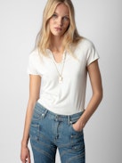 Tunisien Concert - Ecru short-sleeved Henley T-shirt with Concert and Crush prints.