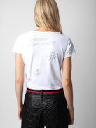 Diamanté Henley Top - White cotton Henley T-shirt with short sleeves and diamanté-embellished motifs.