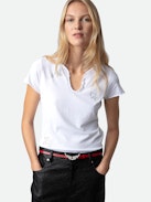 Diamanté Henley Top - White cotton Henley T-shirt with short sleeves and diamanté-embellished motifs.