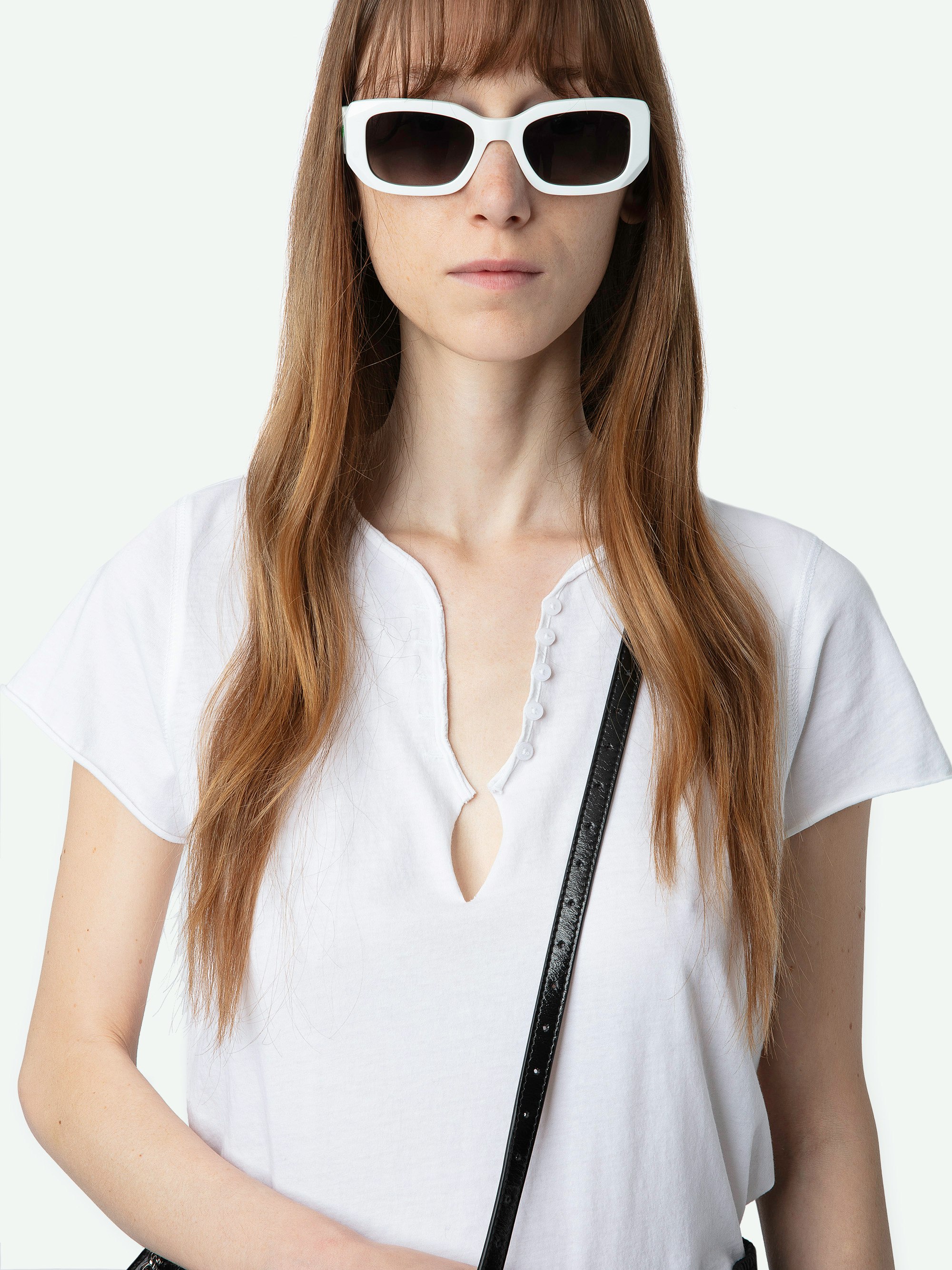 Tuni Henley T-shirt - Short-sleeved organic cotton Henley T-shirt with ‘Be Kind To Your Mind’ message on the inside and diamante ZV wings on the back.