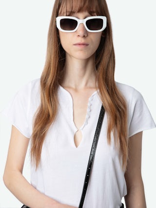 Henley T-shirt Tuni - Organic cotton Tunisian with short sleeves, "Be Kind To Your Mind" message inside and rhinestone ZV wings on the back.