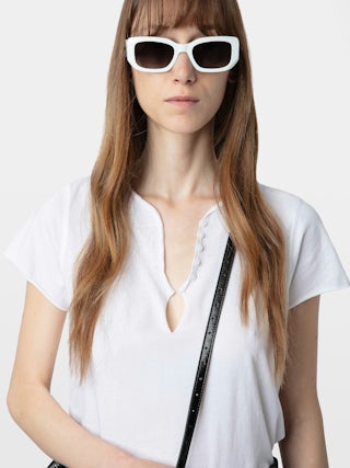 Henley T-shirt Tuni - Organic cotton Tunisian with short sleeves, "Be Kind To Your Mind" message inside and rhinestone ZV wings on the back.