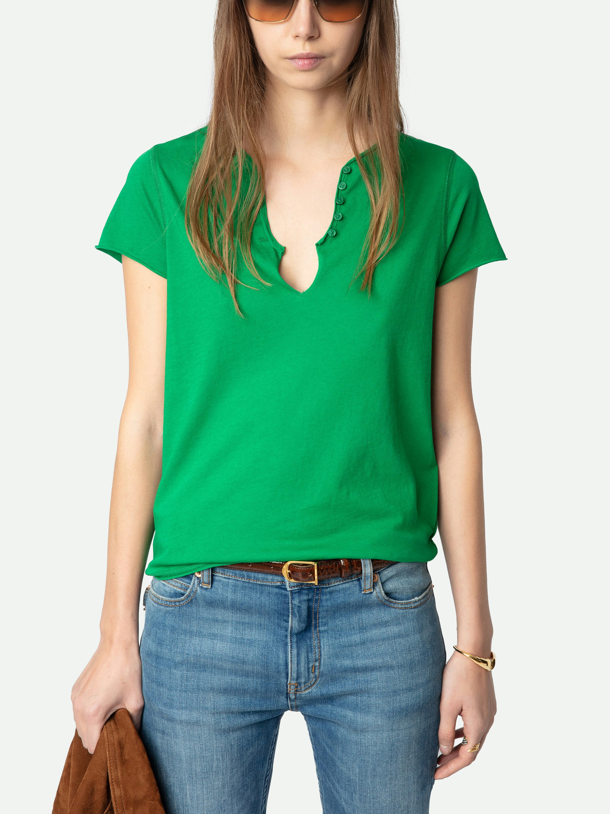 Henley T-shirt  - Short-sleeved Tunisian top with rhinestone wings on the back.