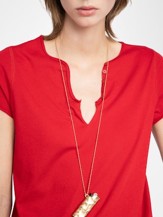 Tuni Henley T-shirt - Short-sleeved Henley T-shirt with rhinestone wings on back.