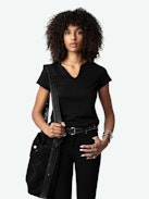 Love Yourself Henley T-shirt - Short-sleeved black organic cotton Henley T-shirt with flocked "Love Yourself" message embellished with diamanté on the back.
