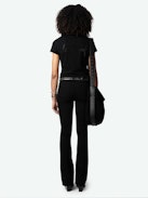Love Yourself Henley T-shirt - Short-sleeved black organic cotton Henley T-shirt with flocked "Love Yourself" message embellished with diamanté on the back.