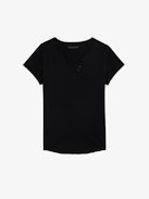 Love Yourself Henley T-shirt - Short-sleeved black organic cotton Henley T-shirt with flocked "Love Yourself" message embellished with diamanté on the back.