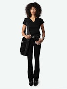 Love Yourself Henley T-shirt - Short-sleeved black organic cotton Henley T-shirt with flocked "Love Yourself" message embellished with diamanté on the back.