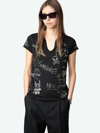 Henley T-shirt - Short-sleeved Tunisian with multi-custom rhinestone customization.