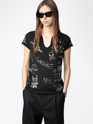 Henley T-shirt - Short-sleeved Tunisian with multi-custom rhinestone customization.