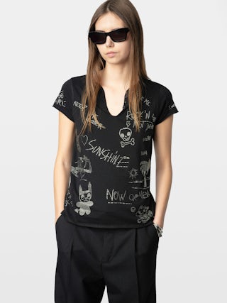 Henley-Shirt - Tunesisches Kurzarmshirt mit mehrfarbiger Strassstein-Verzierung.