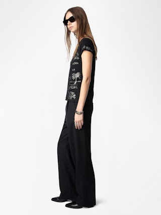 Henley T-shirt - Short-sleeved Tunisian with multi-custom rhinestone customization.