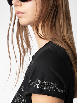 Henley T-shirt - Short-sleeved Tunisian with multi-custom rhinestone customization.