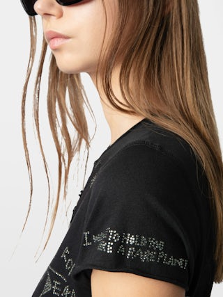 Henley-Shirt - Tunesisches Kurzarmshirt mit mehrfarbiger Strassstein-Verzierung.