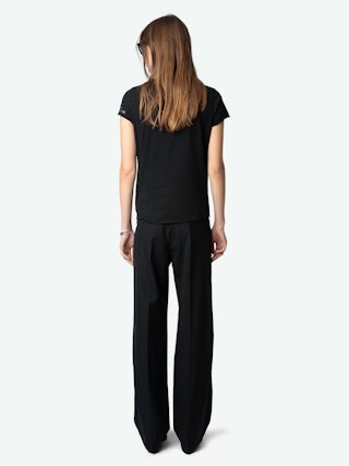 Henley T-shirt - Short-sleeved Tunisian with multi-custom rhinestone customization.