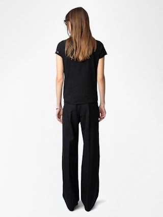 Henley T-shirt - Short-sleeved Tunisian with multi-custom rhinestone customization.