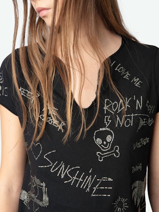 Henley T-shirt - Short-sleeved Tunisian with multi-custom rhinestone customization.