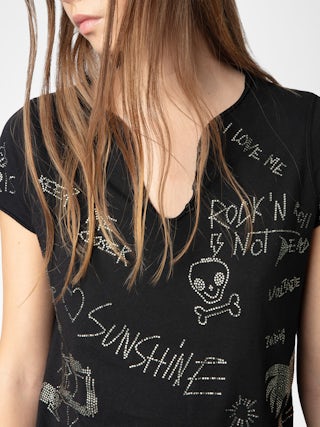 Henley T-shirt - Short-sleeved Tunisian with multi-custom rhinestone customization.