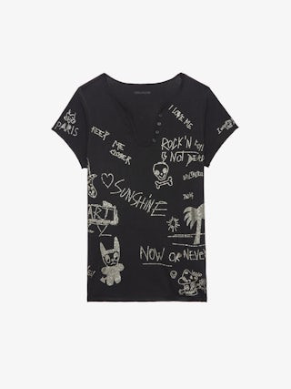 Henley T-shirt - Short-sleeved Tunisian with multi-custom rhinestone customization.