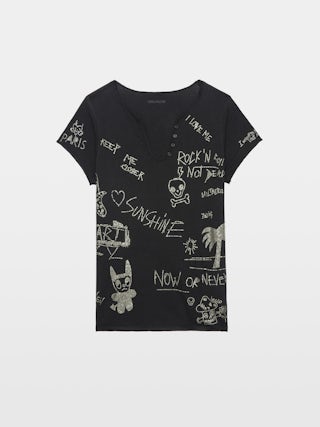 Henley-Shirt - Tunesisches Kurzarmshirt mit mehrfarbiger Strassstein-Verzierung.