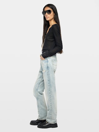 Henley T-shirt Tani - Long-sleeved Henley T-shirt with print on the back.