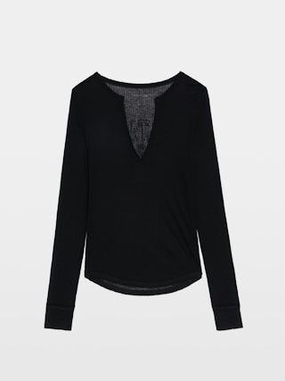 Henley T-shirt Tani - Long-sleeved Henley T-shirt with print on the back.