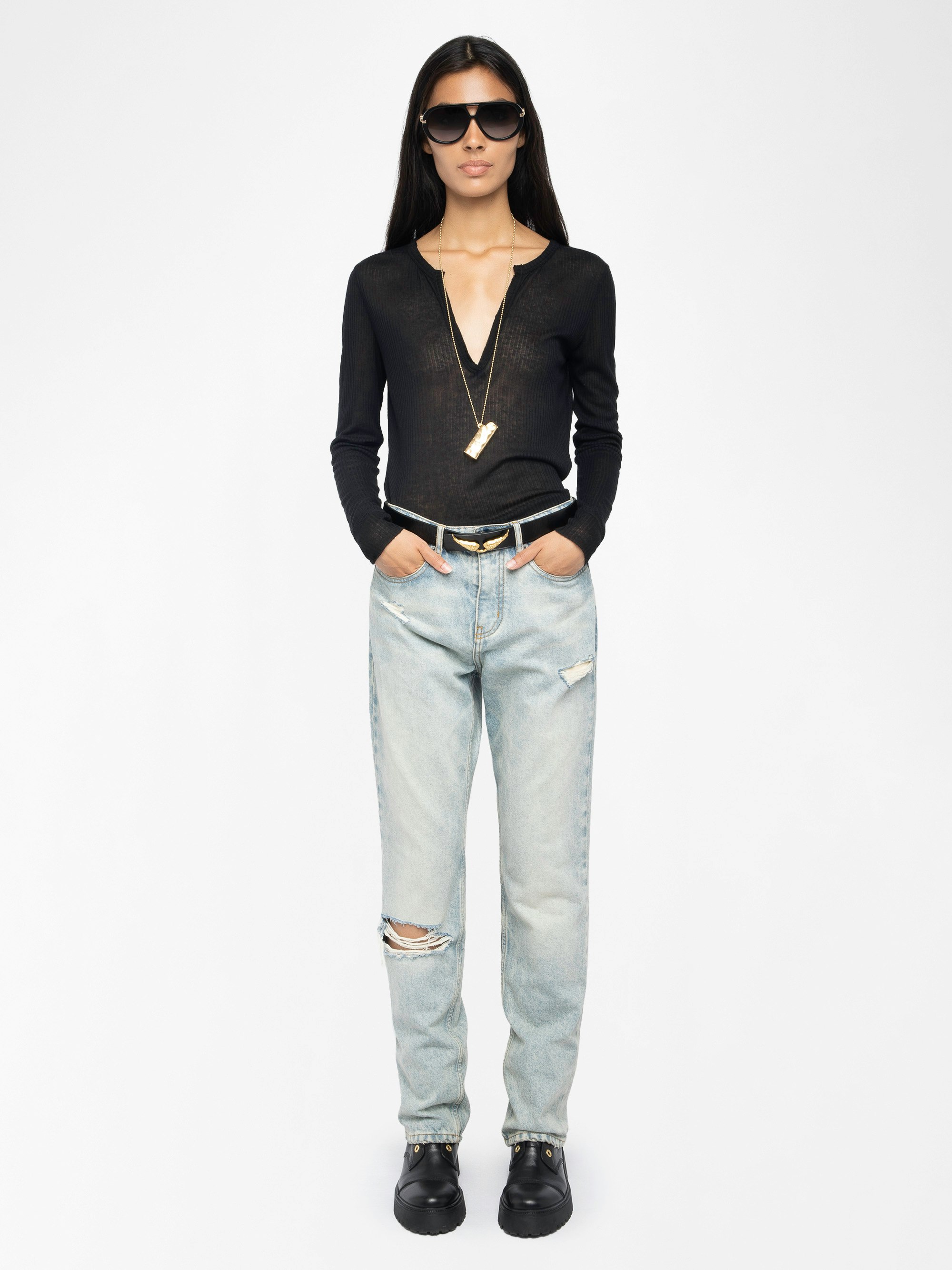 Henley T-shirt Tani - Long-sleeved Henley T-shirt with print on the back.