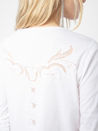 White Henley Fishnet T Shirt - White long sleeved t-shirt with fishnet cutout on back.