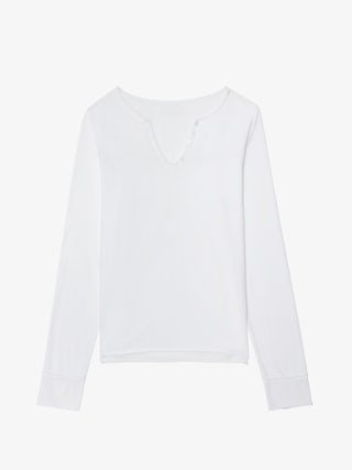 White Henley Fishnet T Shirt - White long sleeved t-shirt with fishnet cutout on back.
