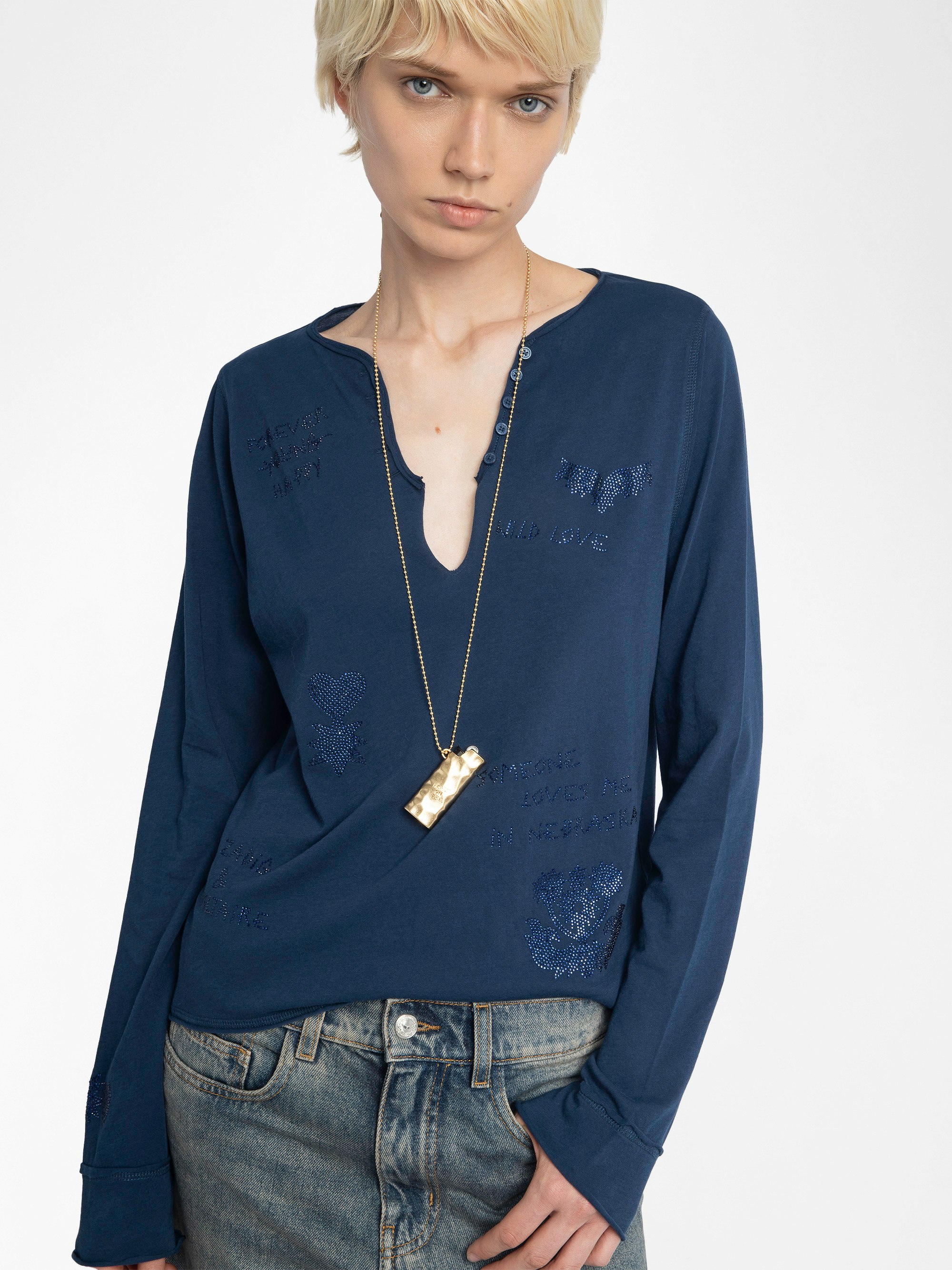  Tuni Henley Shirt - Long-sleeved Henley T-shirt with multi-custom rhinestones.