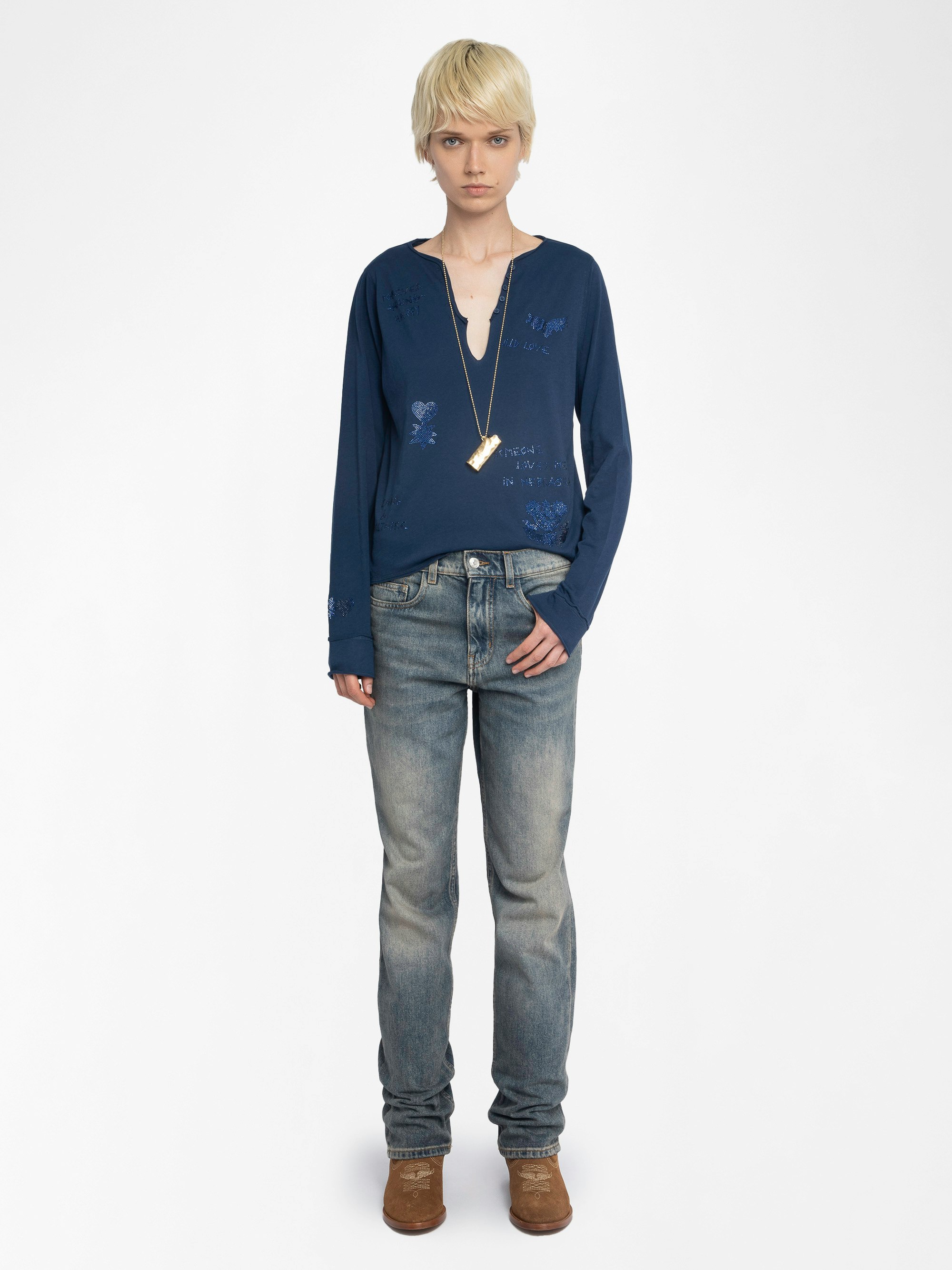 Henley T-shirt Tuni - Long-sleeved Henley T-shirt with multi-custom rhinestones.