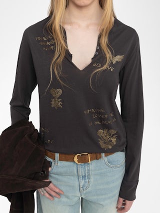 Henley T-shirt Tuni - Long-sleeved henley t-shirt with multi-crystal embellishment.
