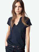 Henley Diamanté T-shirt - Short-sleeved henley t-shirt with flock and rhinestone embellishments on the back.