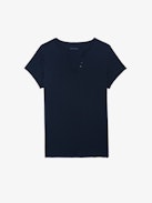 Henley Diamanté T-shirt - Short-sleeved henley t-shirt with flock and rhinestone embellishments on the back.