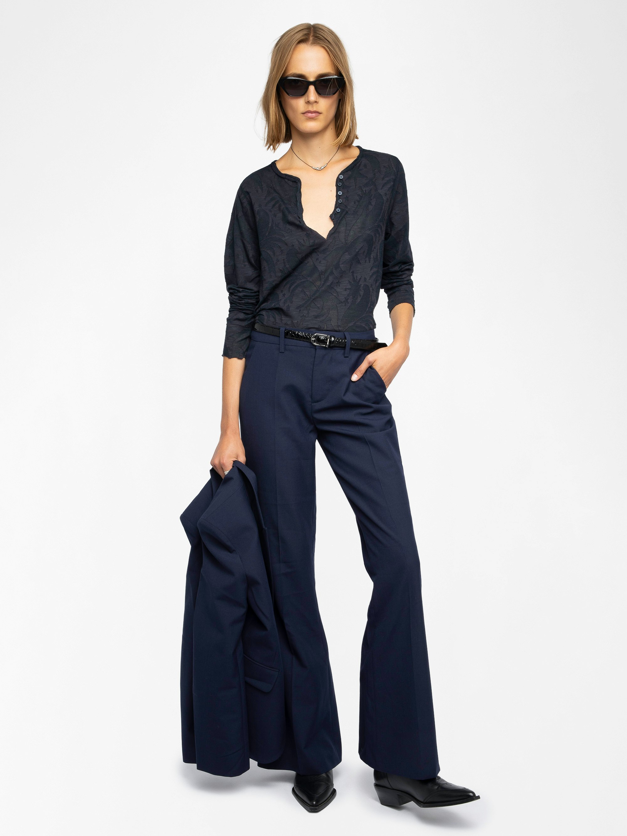 Henley T-shirt - Long-sleeved Henley T-shirt in dévoré cotton.