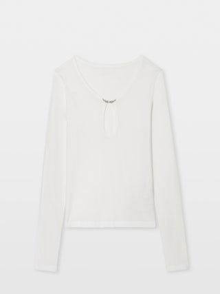 Henley T-shirt Tina - Long-sleeve V-neck henley t-shirt with brooch at centre.