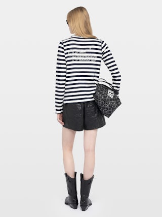 Henley T-shirt - Striped long-sleeve Henley T-shirt with back print.
