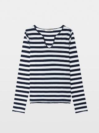 Henley T-shirt - Striped long-sleeve Henley T-shirt with back print.