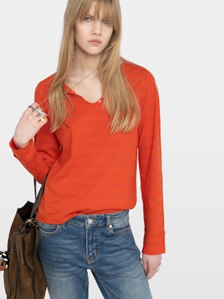 Henley T-shirt - Long-sleeve henley t-shirt with stripes and rhinestone print at the back.