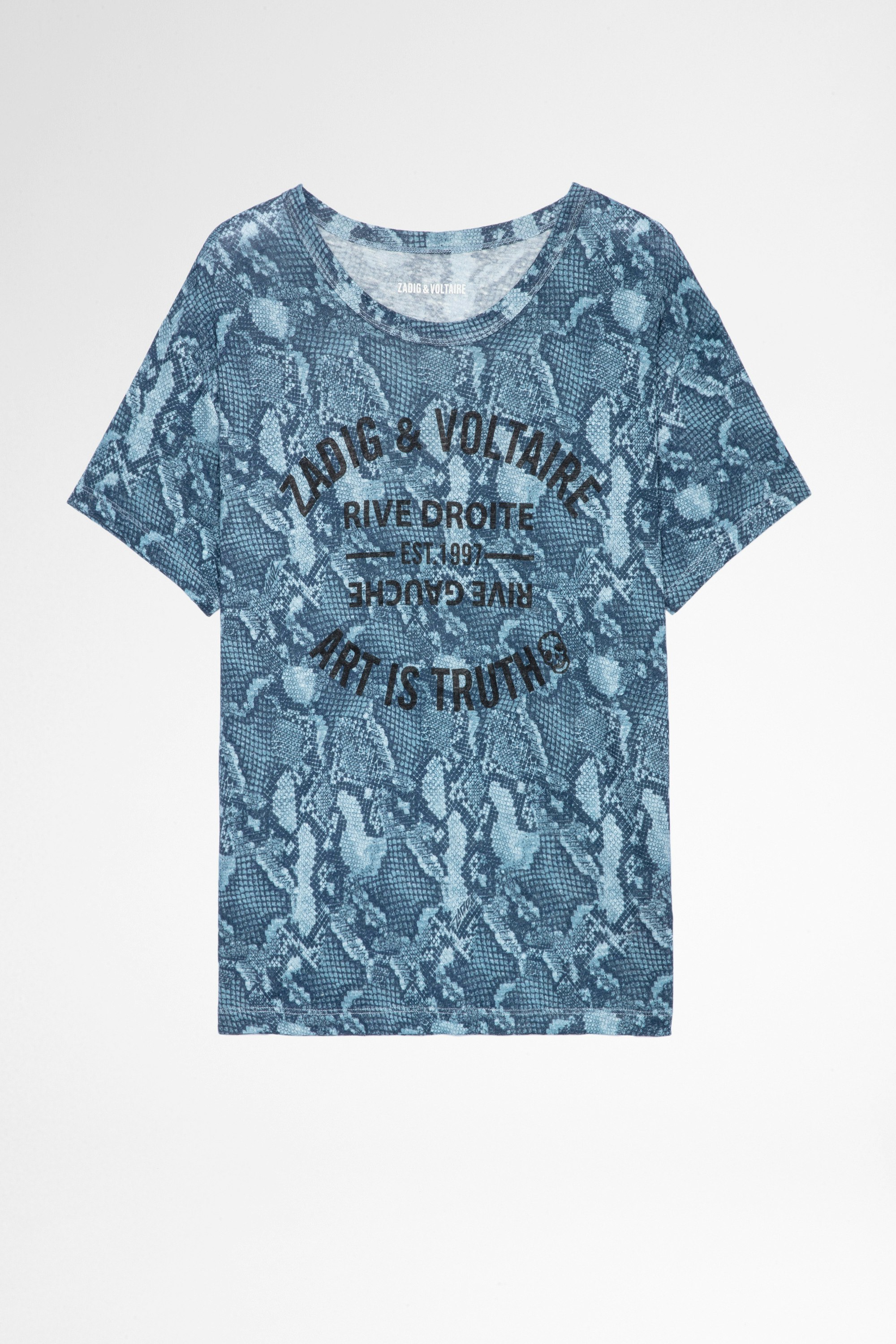 Marta Wild Blason T-shirt Leinen Women's blue linen T-shirt with snake and badge print