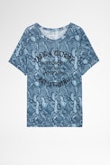 Marta Wild Blason T-shirt Leinen - Women's blue linen T-shirt with snake and badge print