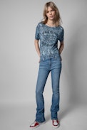 Marta Wild Blason T-shirt Leinen - Women's blue linen T-shirt with snake and badge print
