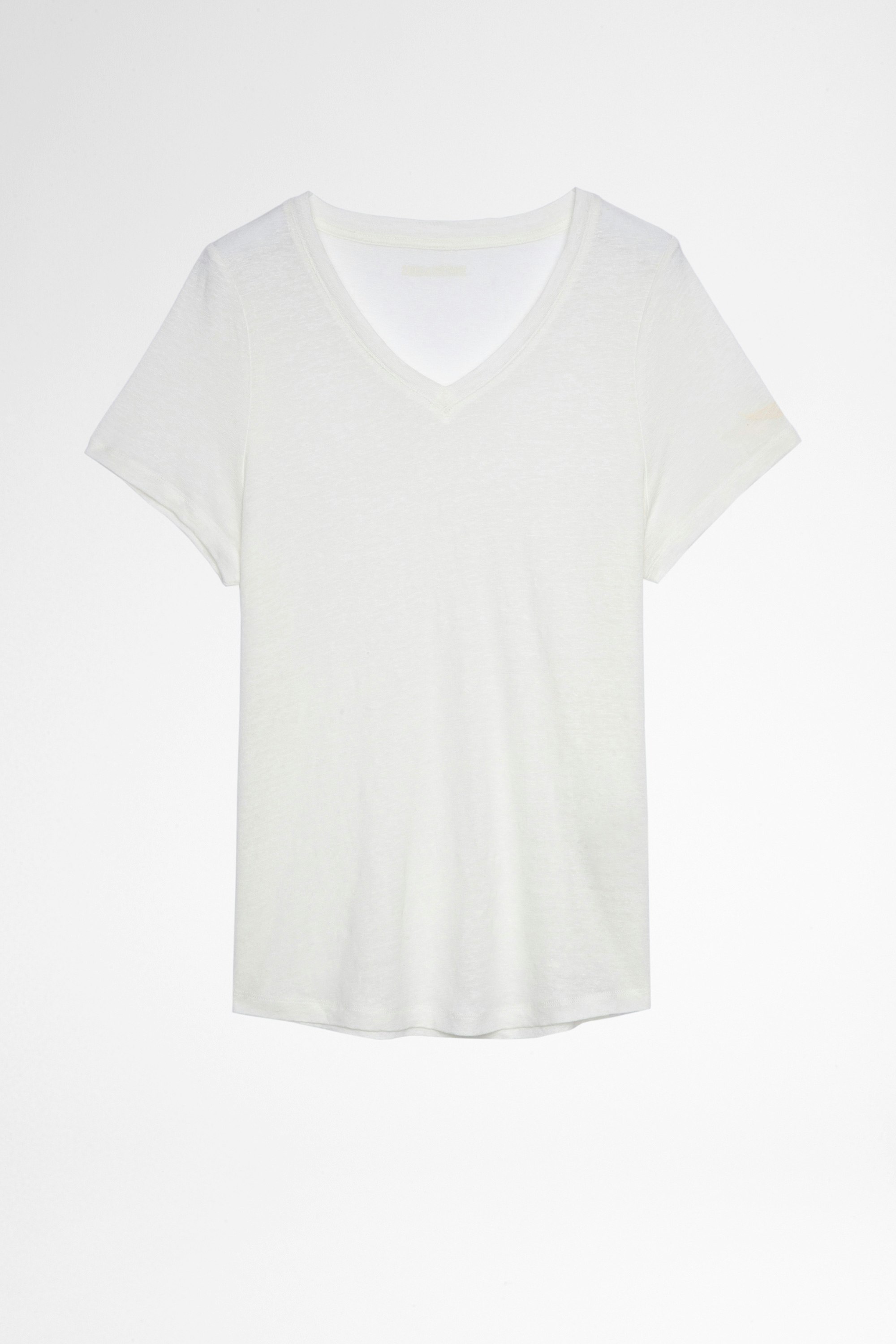 T-Shirt Atia Wings T-shirt aus beigefarbenem Leinen mit V-Ausschnitt für Damen