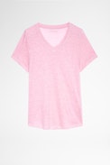 T-Shirt Atia Wings Leinen - Damen-Kurzarmshirt aus rosafarbenem Leinen