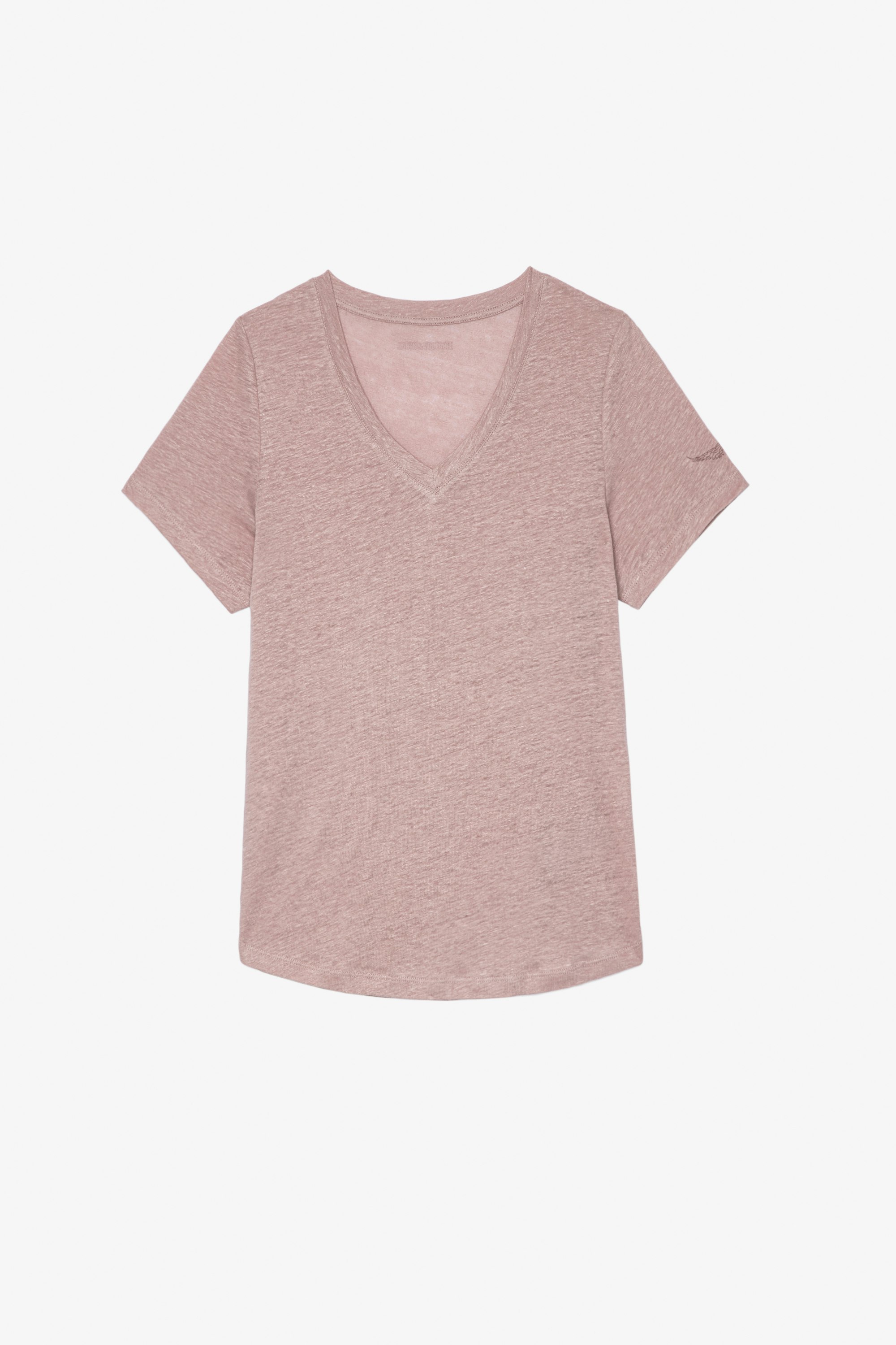 Atia Wings Linen T-Shirt Women's mauve linen t-shirt with wings on the left sleeve