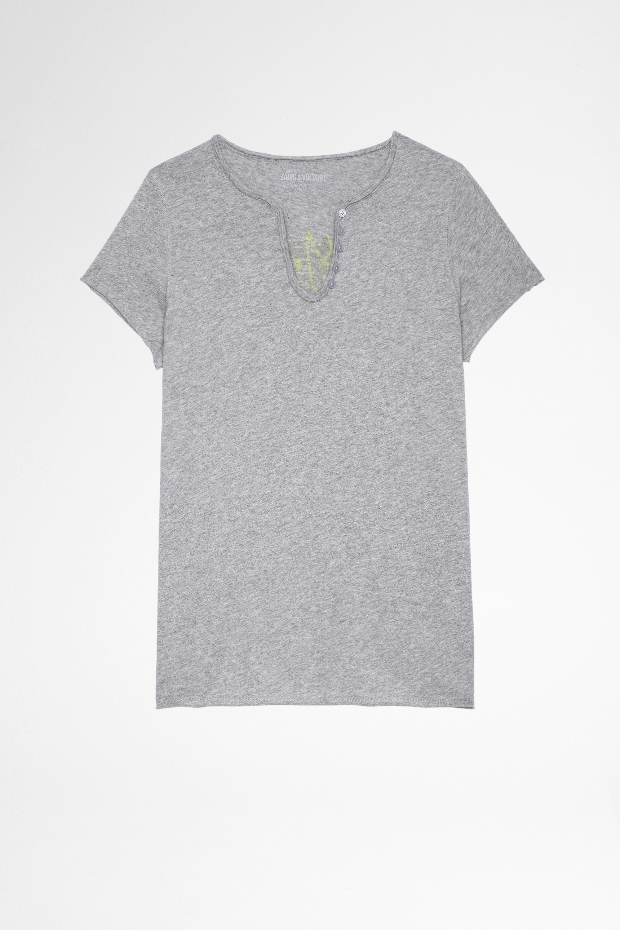Photoprint Henley Ｔシャツ Women's gray cotton Henley t-shirt with photo print on the back. Made with fibers from organic farming.