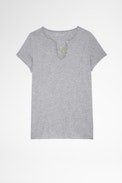 Photoprint Henley T-shirt - Women's gray cotton Henley T-shirt with photo print on the back. Made with fibers from organic farming.