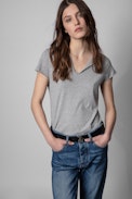 Photoprint Henley T-shirt - Women's gray cotton Henley T-shirt with photo print on the back. Made with fibers from organic farming.