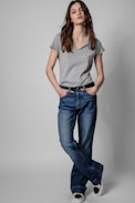 Photoprint Henley T-shirt - Women's gray cotton Henley T-shirt with photo print on the back. Made with fibers from organic farming.