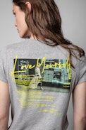 Photoprint Henley T-shirt - Women's gray cotton Henley T-shirt with photo print on the back. Made with fibers from organic farming.